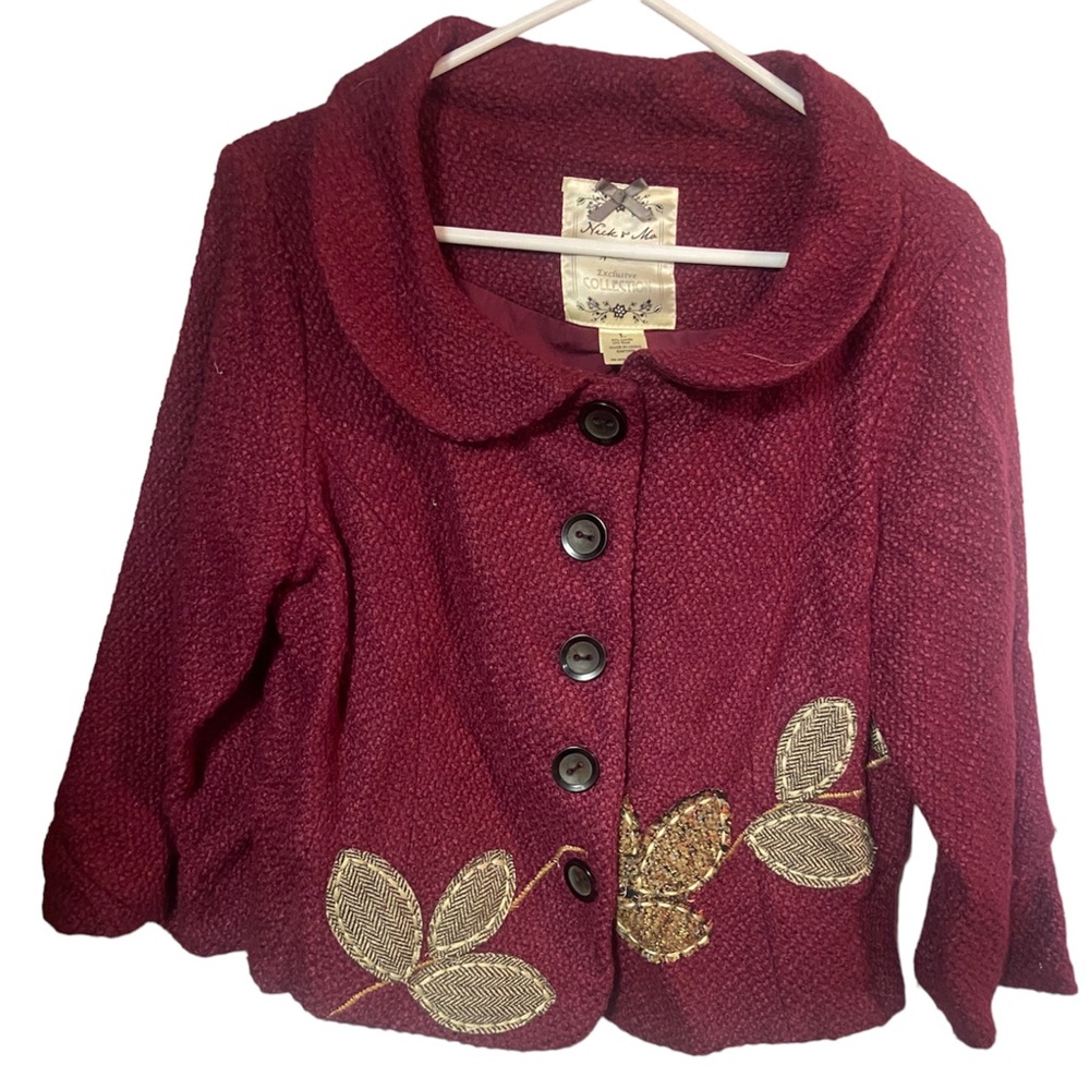 Nick & mo exclusive collection flower applique burgundy wool blend Sweater